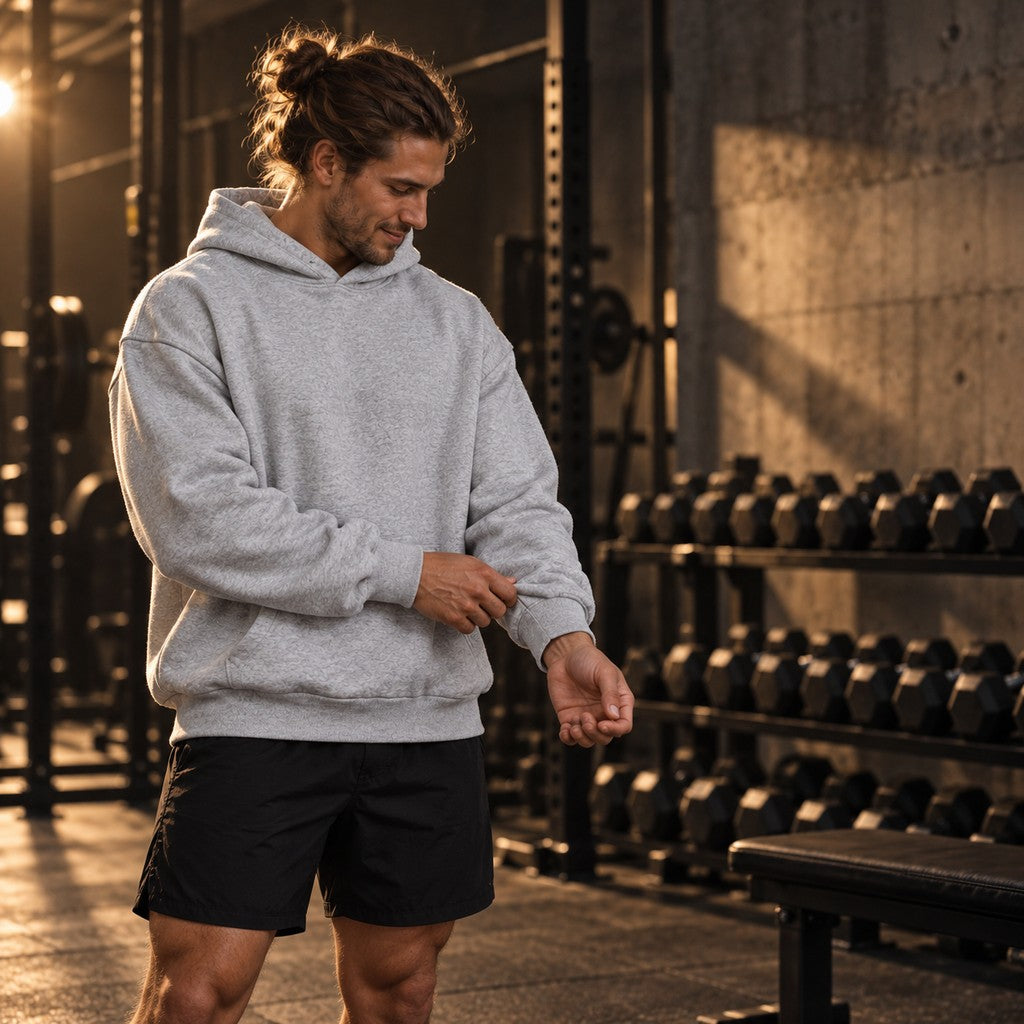 Grab Your Gains – Heavy Oversized Hoodie in Heather Grey, am Model, Vorderansicht | Heavy Mind
