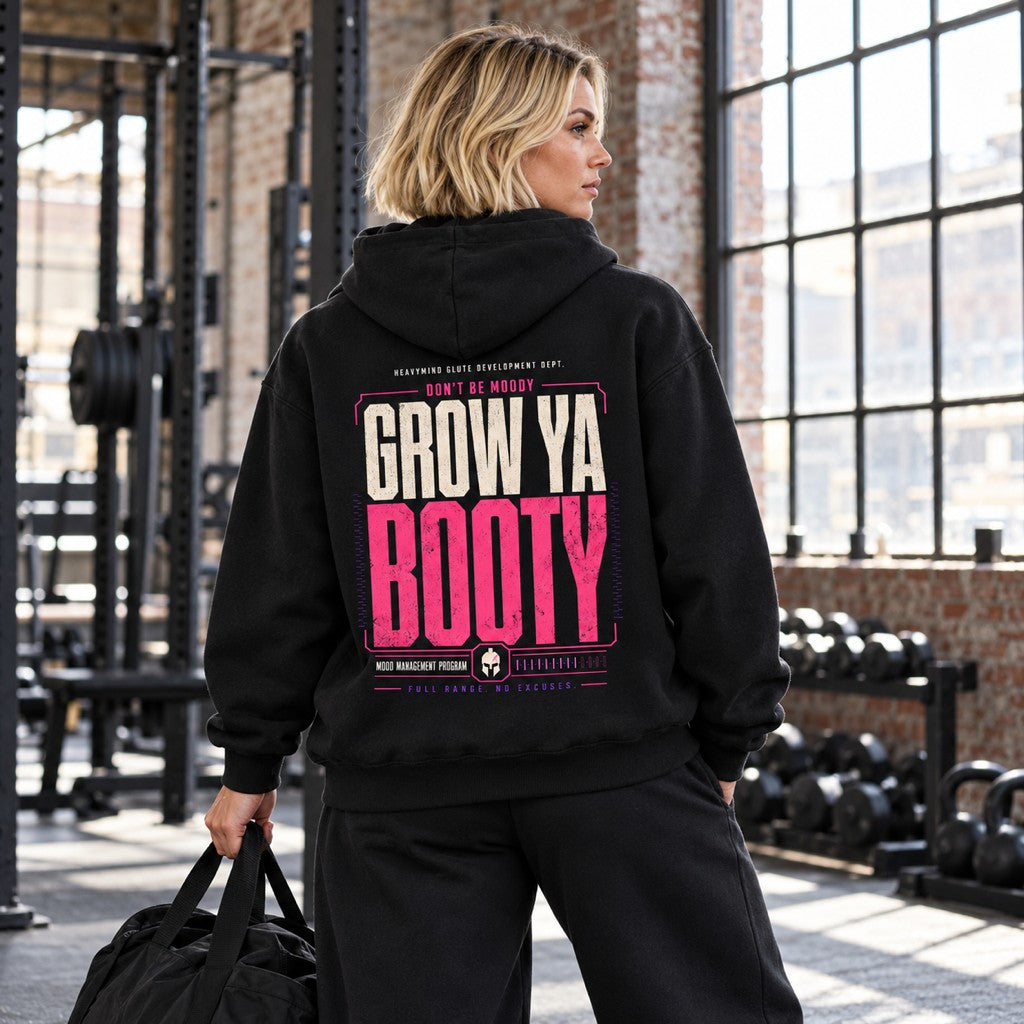 Grow Ya Booty – Heavy Oversized Hoodie in Schwarz, am Model, Rückansicht | Heavy Mind