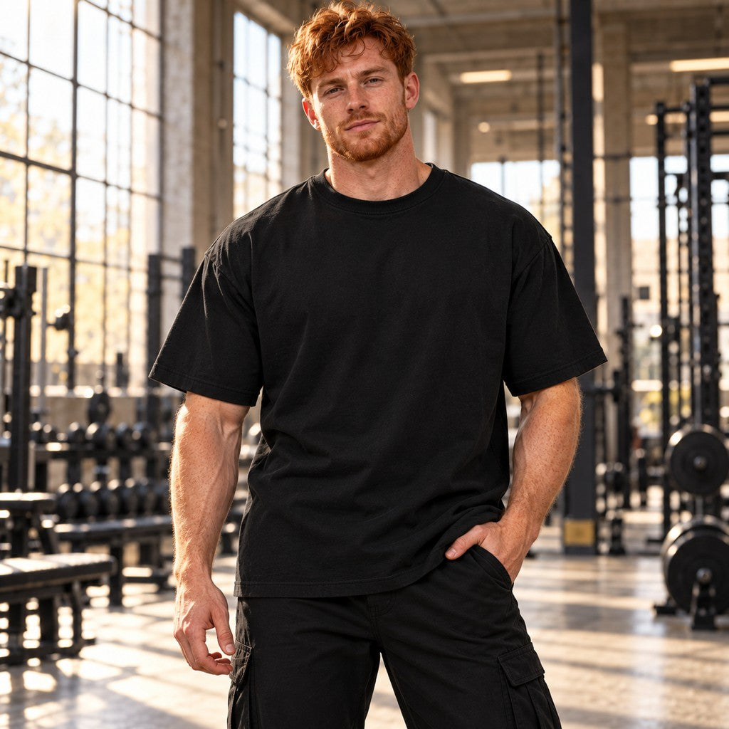 Gym Is My Religion – Oversized Tee in Schwarz, am Model, Vorderansicht | Heavy Mind