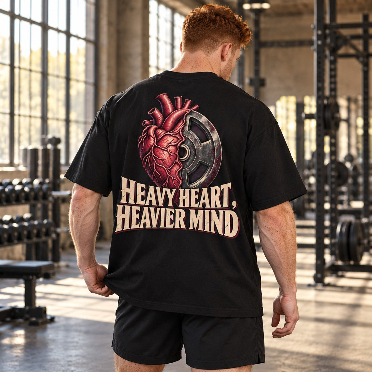 Heavy Heart, Heavier Mind – Oversized Tee in Schwarz, am Model, Rückansicht | Heavy Mind