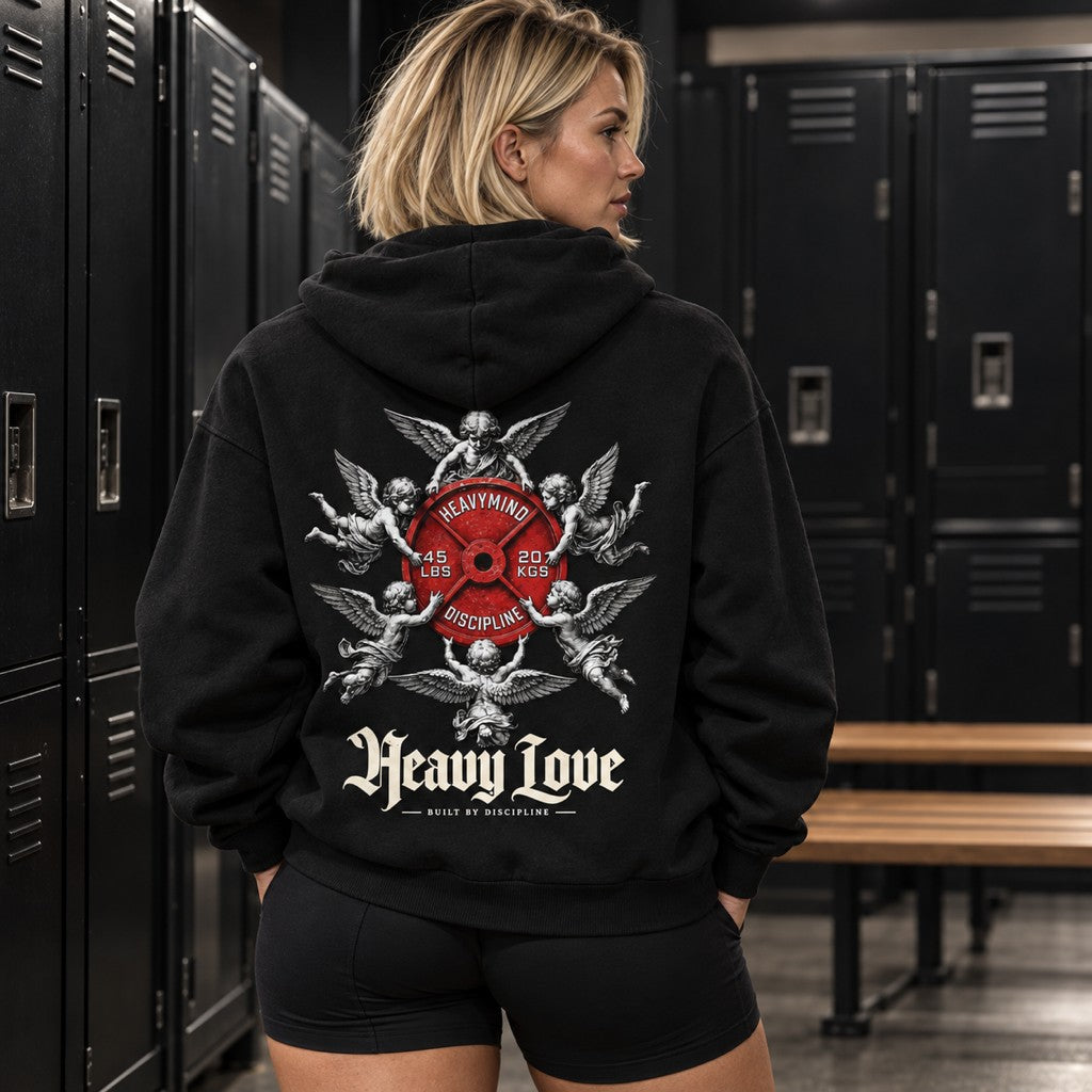 Heavy Love – Heavy Oversized Hoodie in Schwarz, am Model, Rückansicht | Heavy Mind