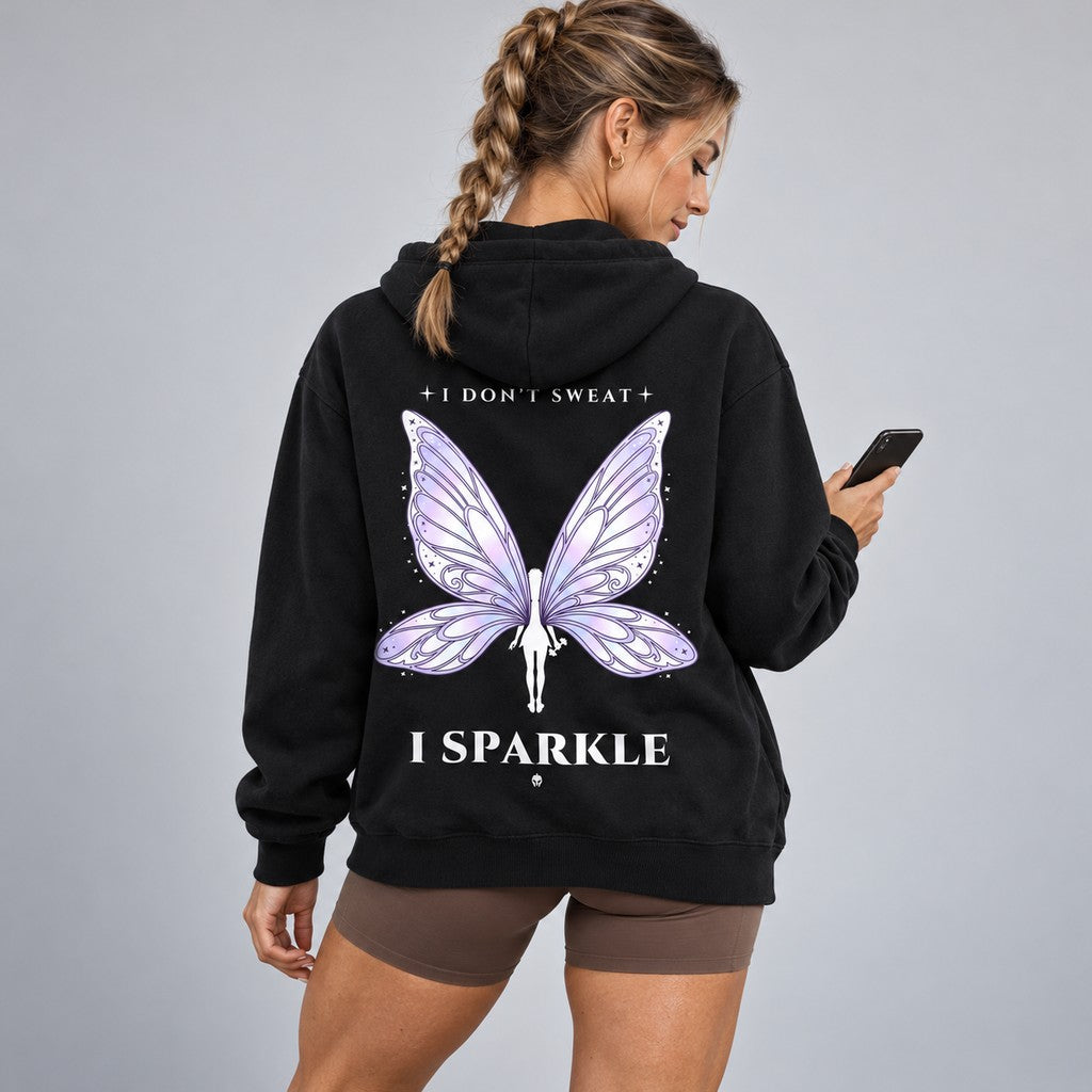 I Don't Sweat, I Sparkle – Heavy Oversized Hoodie in Schwarz, am Model, Rückansicht | Heavy Mind