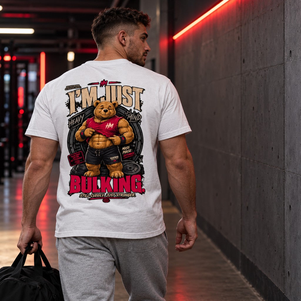 I'm Just Bulking – Heavy Shirt in Weiß, am Model, Rückansicht | Heavy Mind