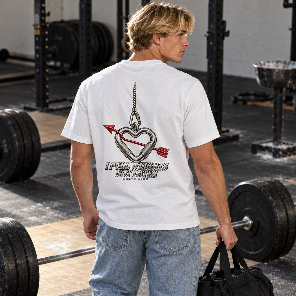 I Pull Weights Not Dates – Heavy Shirt in Weiß, am Model, Rückansicht | Heavy Mind
