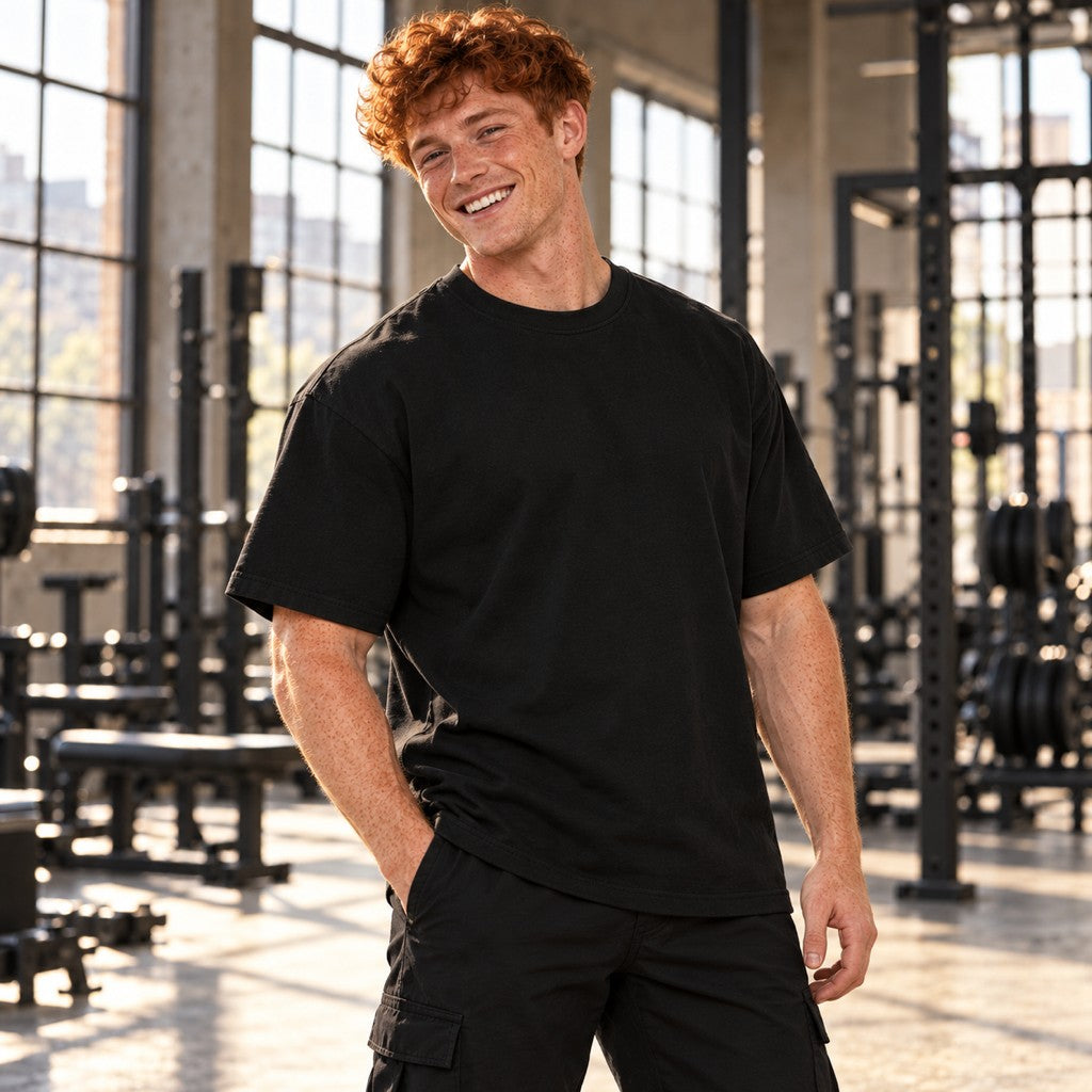 I Pull Weights Not Dates – Oversized Tee in Schwarz, am Model, Vorderansicht | Heavy Mind