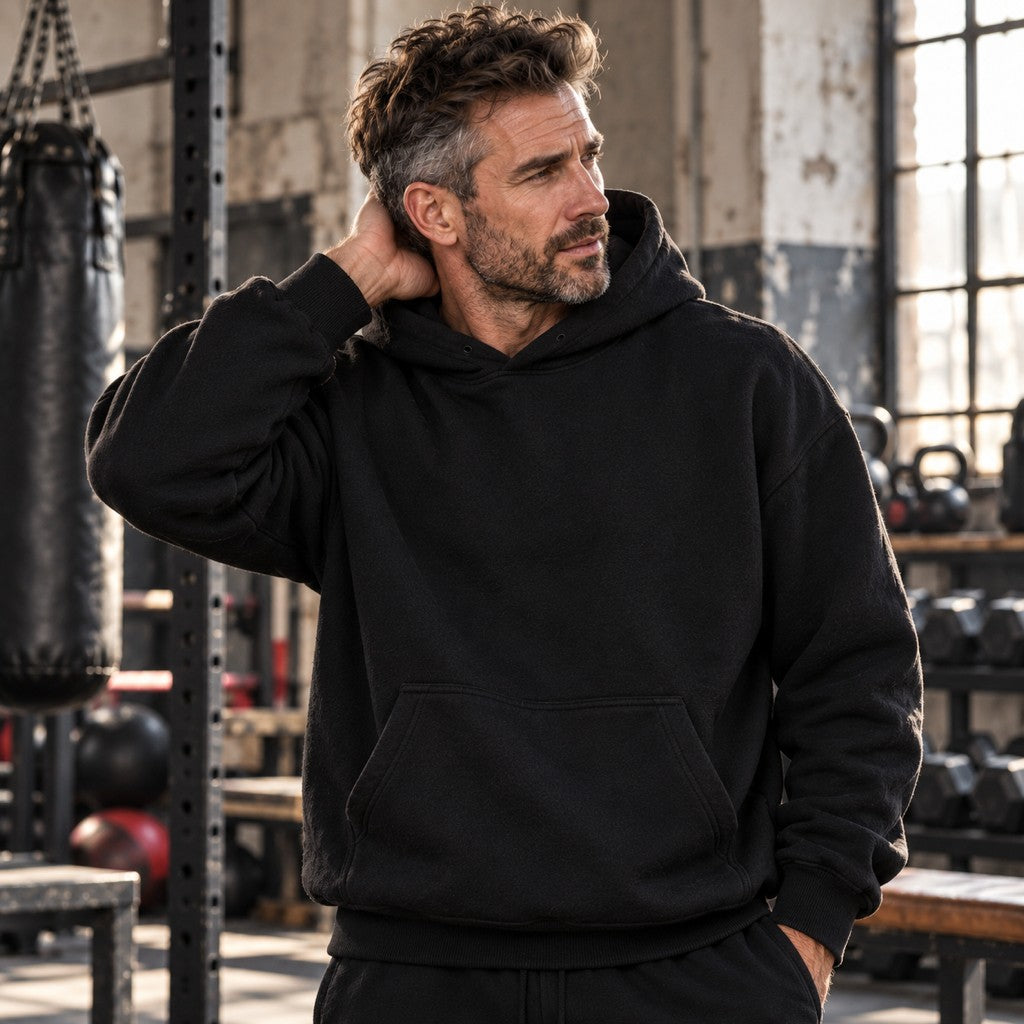 Lift Heavy, Look Innocent – Heavy Oversized Hoodie in Schwarz, am Model, Vorderansicht | Heavy Mind