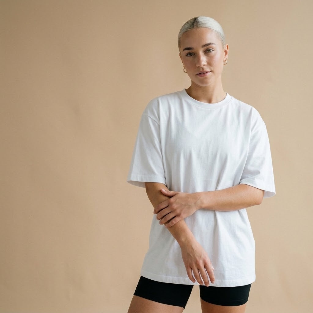 Look, Don't Touch – Oversized Tee in Weiß, am Model, Vorderansicht | Heavy Mind