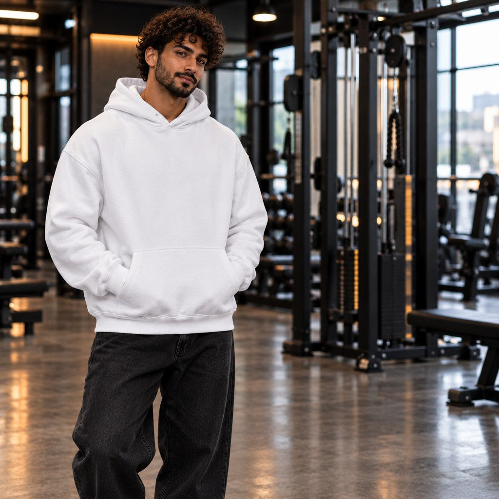 Mindset Motel – Heavy Oversized Hoodie in Weiß, am Model, Vorderansicht | Heavy Mind