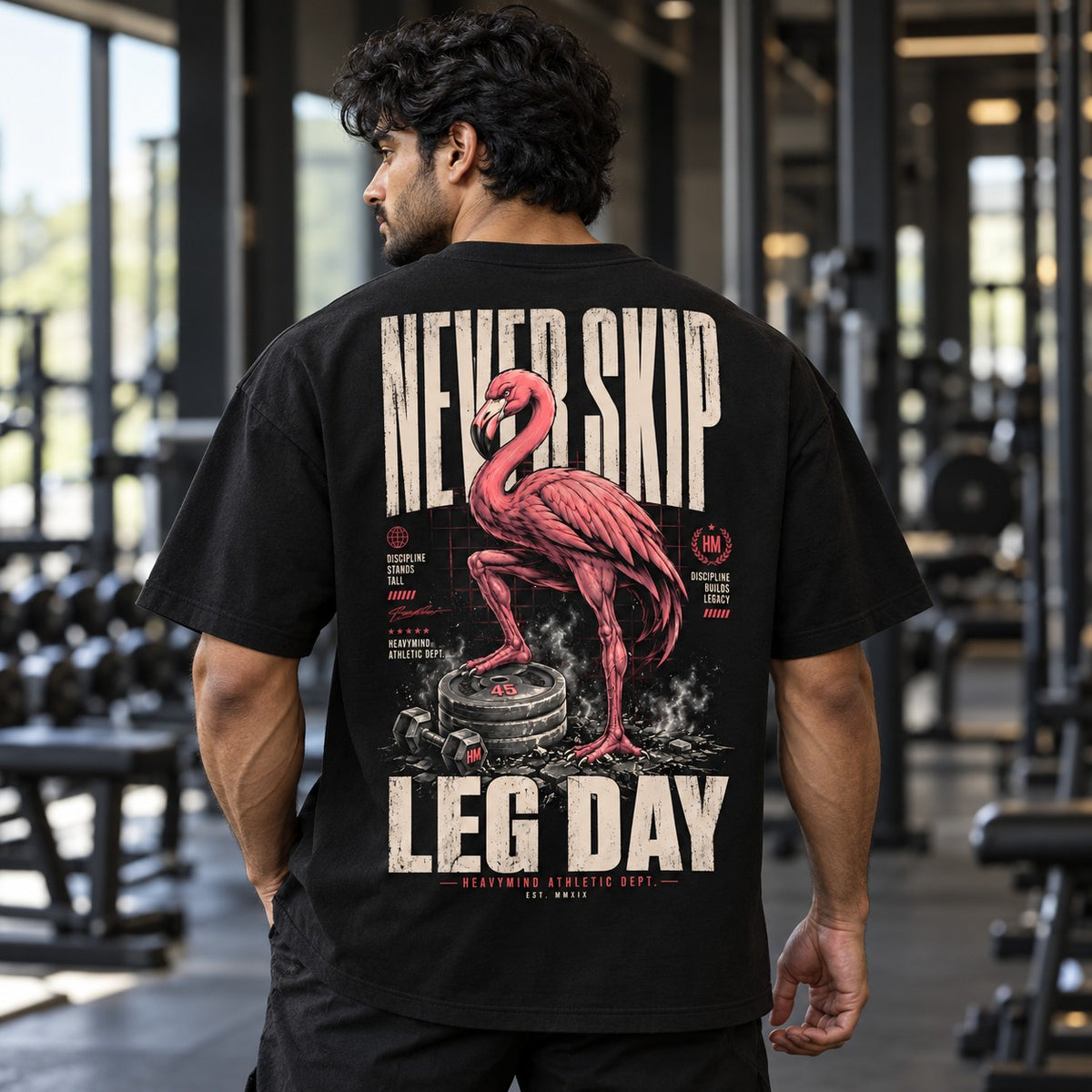 Never Skip Leg Day – Oversized Tee in Schwarz, am Model, Rückansicht | Heavy Mind