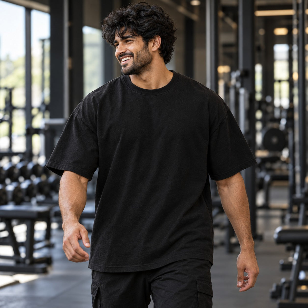 Never Skip Leg Day – Oversized Tee in Schwarz, am Model, Vorderansicht | Heavy Mind