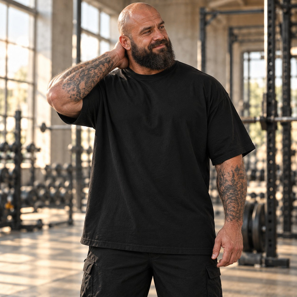 No Hablo Cardio – Oversized Tee in Schwarz, am Model, Vorderansicht | Heavy Mind