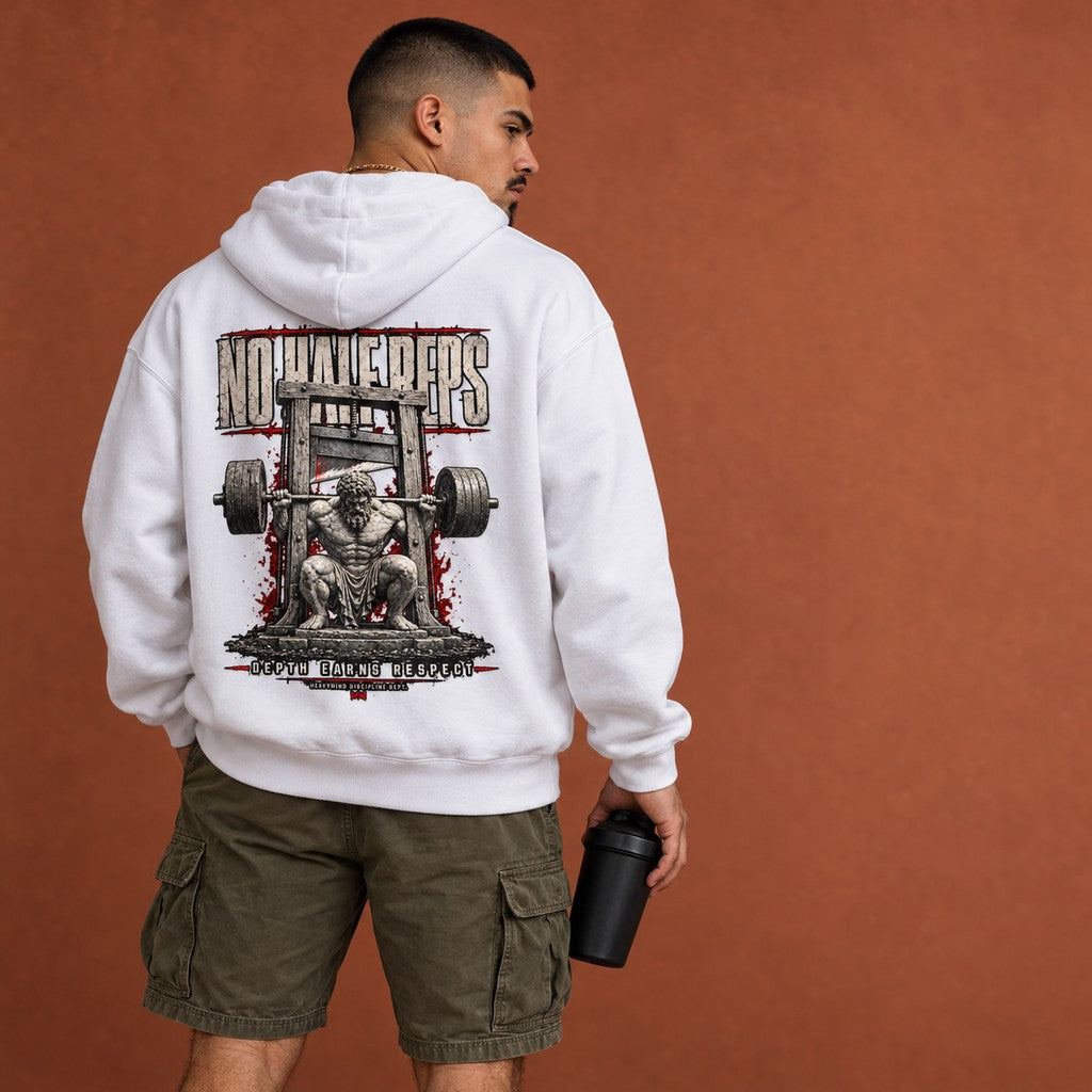 No Half Reps – Depth Earns Respect – Heavy Oversized Hoodie in Weiß, am Model, Rückansicht | Heavy Mind
