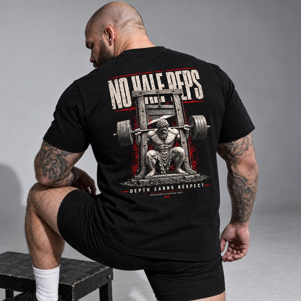 No Half Reps – Depth Earns Respect – Heavy Shirt in Schwarz, am Model, Rückansicht | Heavy Mind