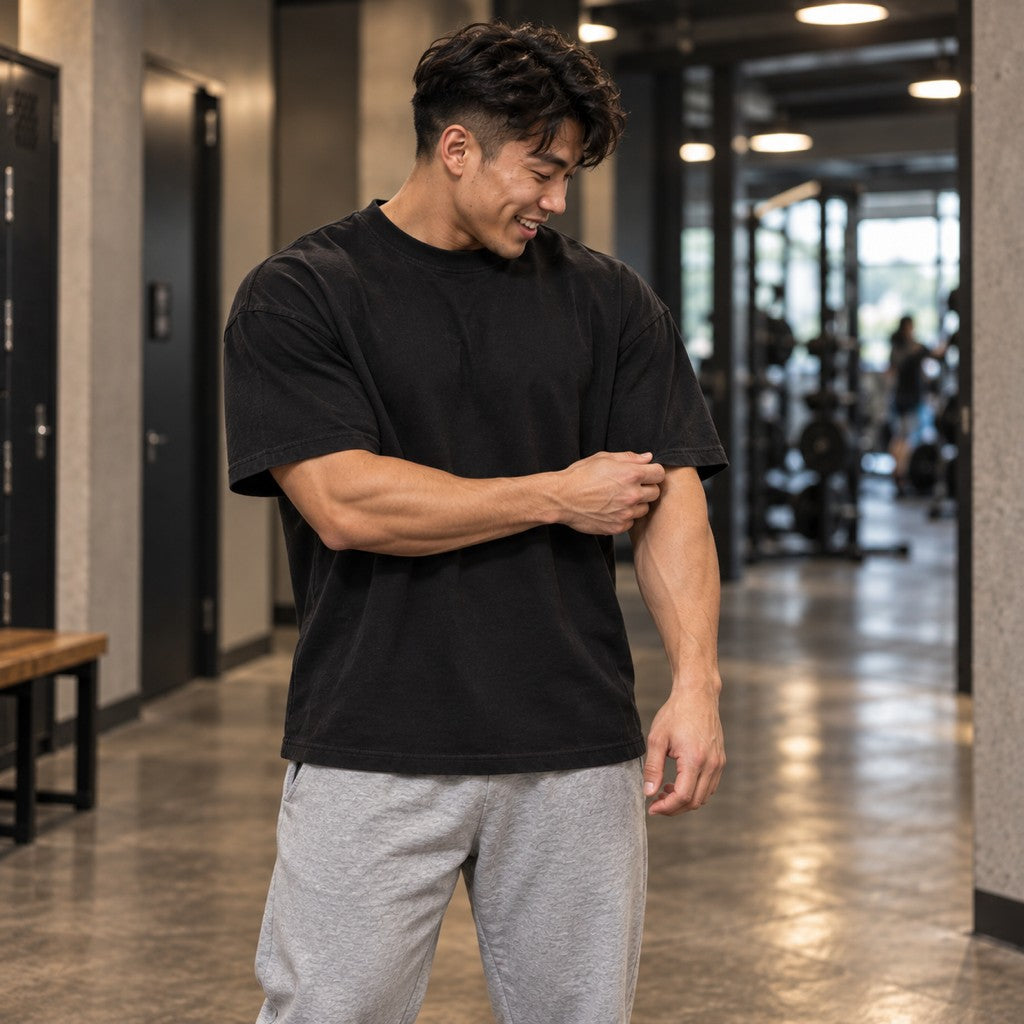 No Half Reps – Depth Earns Respect – Oversized Tee in Schwarz, am Model, Vorderansicht | Heavy Mind