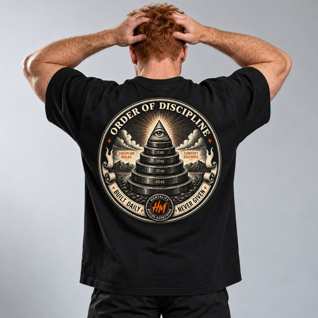 Order of Discipline – Oversized Tee in Schwarz, am Model, Rückansicht | Heavy Mind