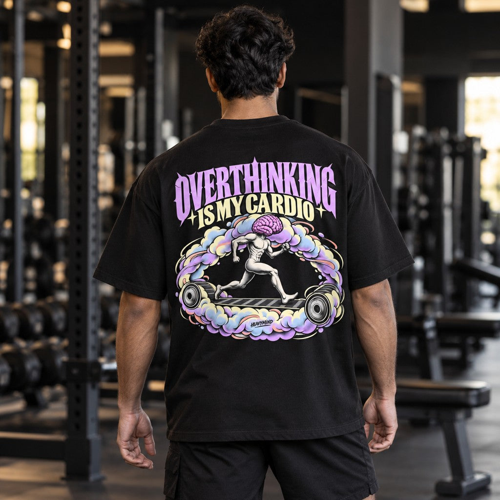 Overthinking Is My Cardio – Oversized Tee in Schwarz, am Model, Rückansicht | Heavy Mind