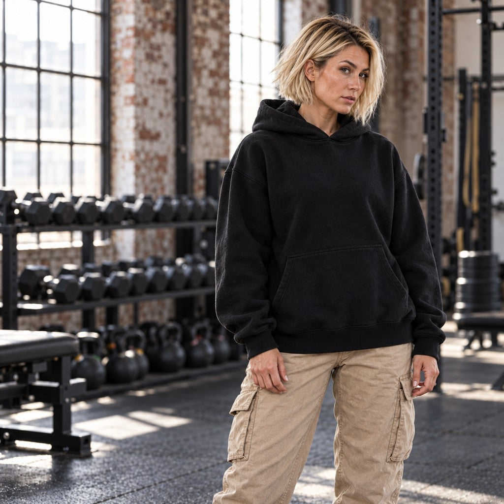 Pressure Makes Me Stronger – Heavy Oversized Hoodie in Schwarz, am Model, Vorderansicht | Heavy Mind