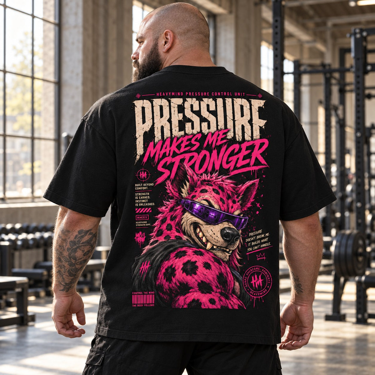 Pressure Makes Me Stronger – Oversized Tee in Schwarz, am Model, Rückansicht | Heavy Mind