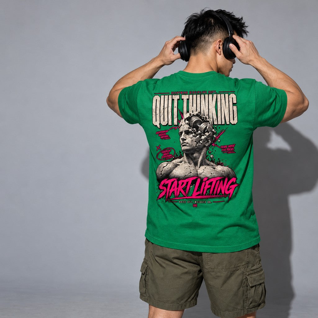 Quit Thinking, Start Lifting – Heavy Shirt in Kelly Green, am Model, Rückansicht | Heavy Mind