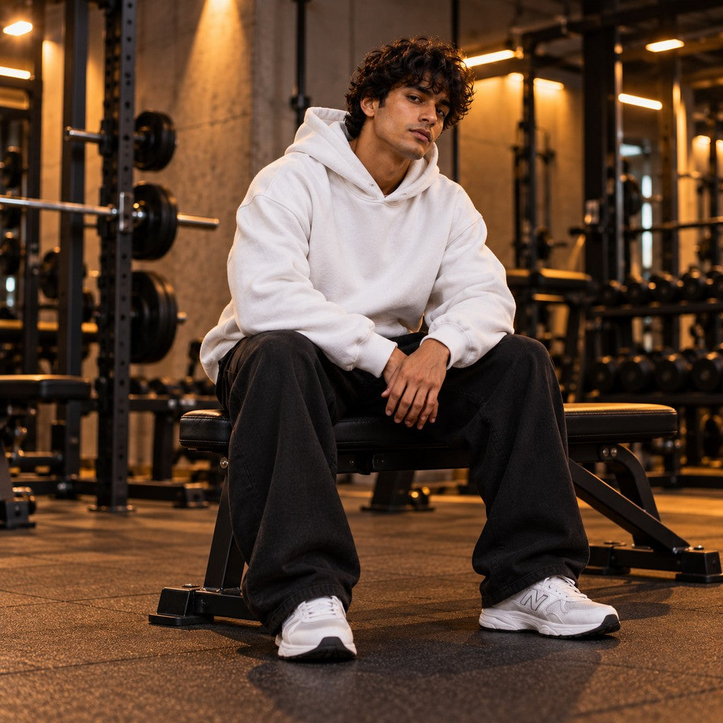 Scream Later, Finish the Set – Heavy Oversized Hoodie in Weiß, am Model, Vorderansicht | Heavy Mind