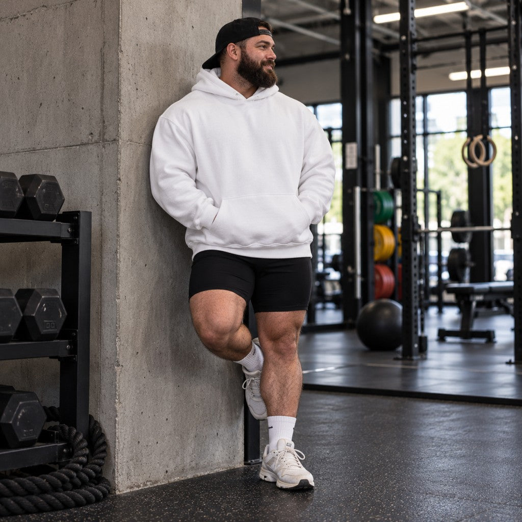 Starry Nights, Early Lifts – Heavy Oversized Hoodie in Weiß, am Model, Vorderansicht | Heavy Mind