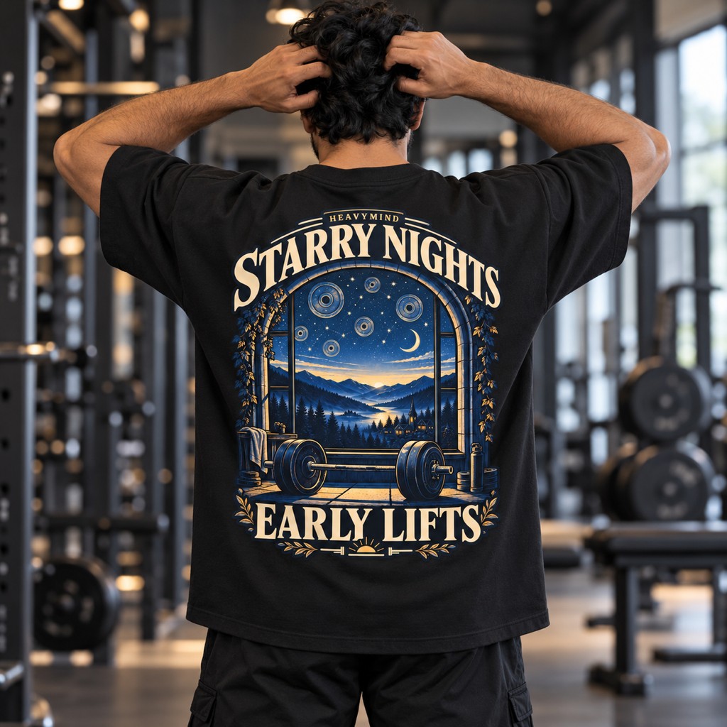 Starry Nights, Early Lifts – Oversized Tee in Schwarz, am Model, Rückansicht | Heavy Mind
