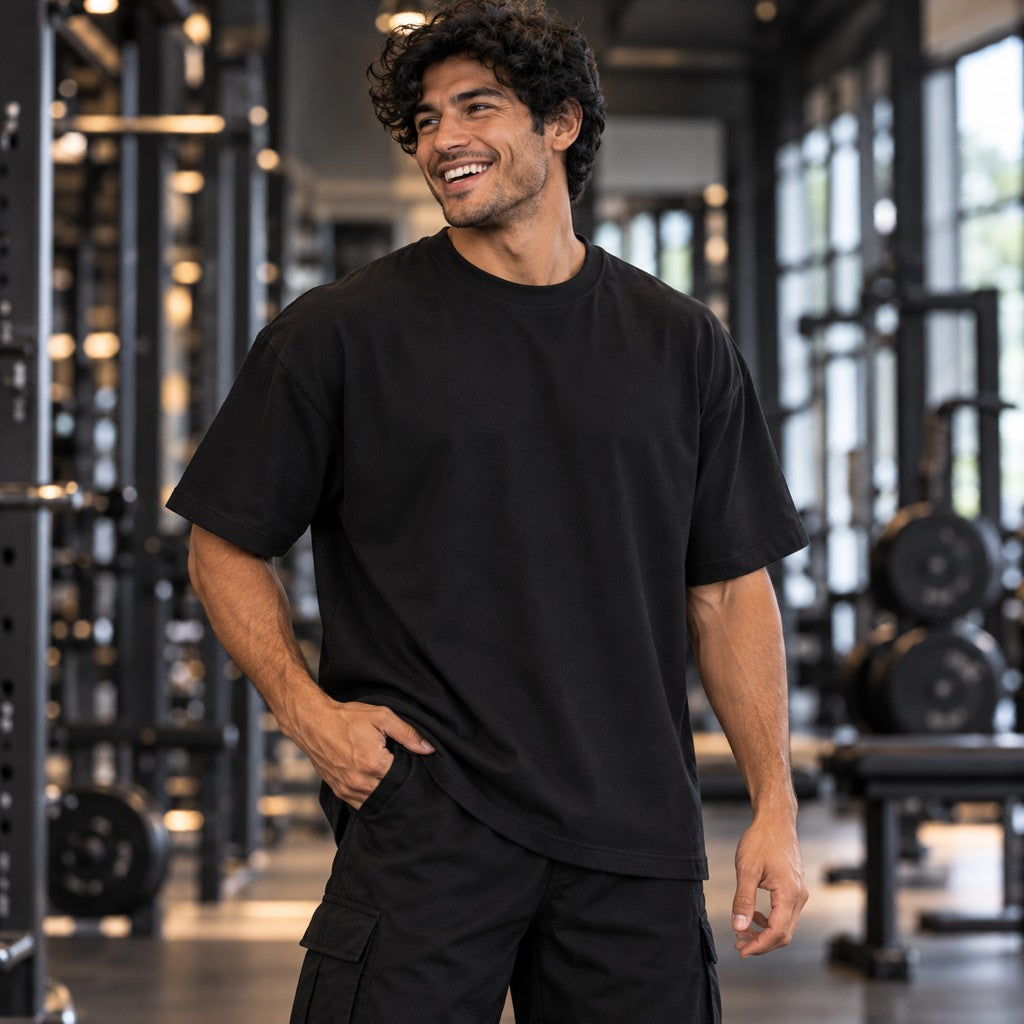 Starry Nights, Early Lifts – Oversized Tee in Schwarz, am Model, Vorderansicht | Heavy Mind