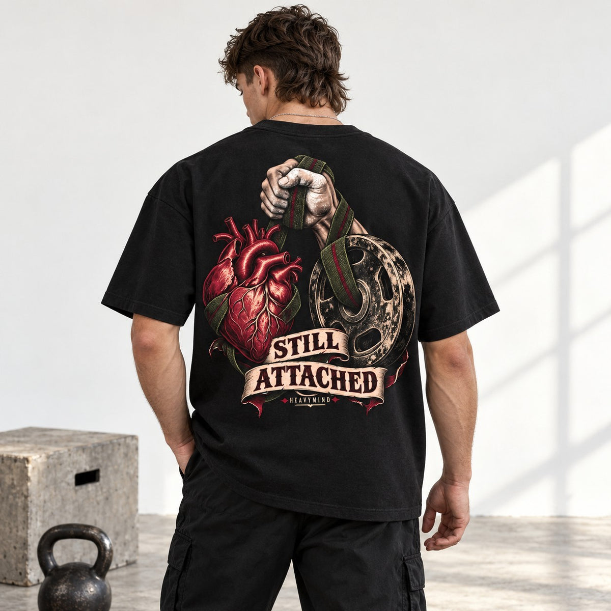 Still Attached – Oversized Tee in Schwarz, am Model, Rückansicht | Heavy Mind