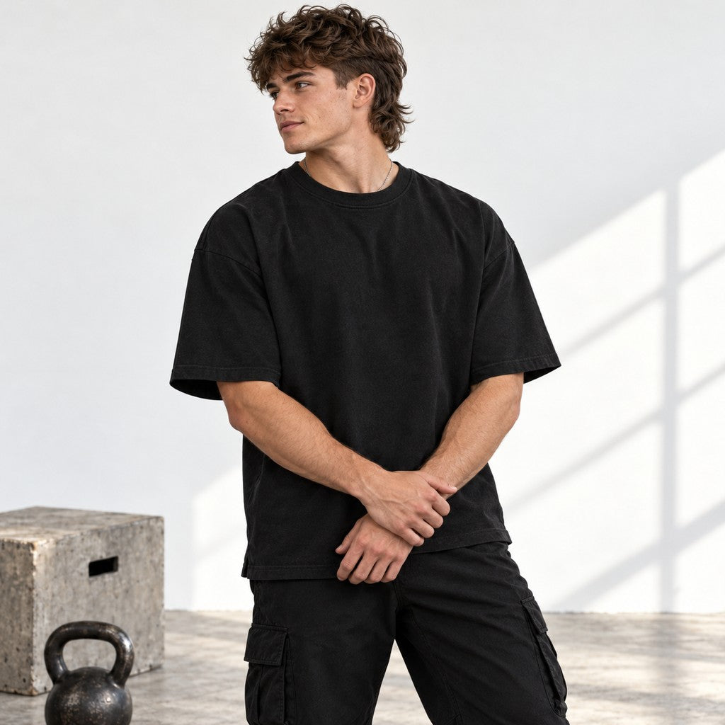 Still Attached – Oversized Tee in Schwarz, am Model, Vorderansicht | Heavy Mind