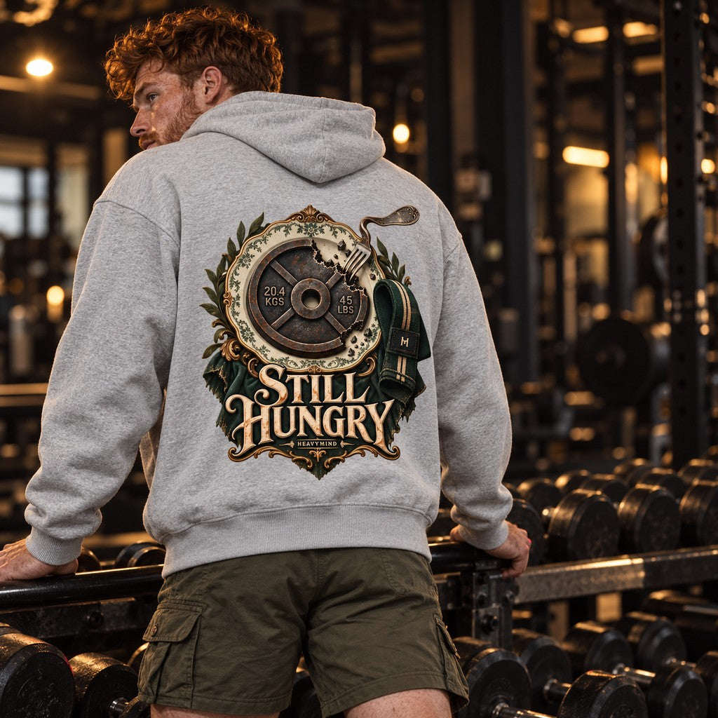Still Hungry – Heavy Oversized Hoodie in Heather Grey, am Model, Rückansicht | Heavy Mind