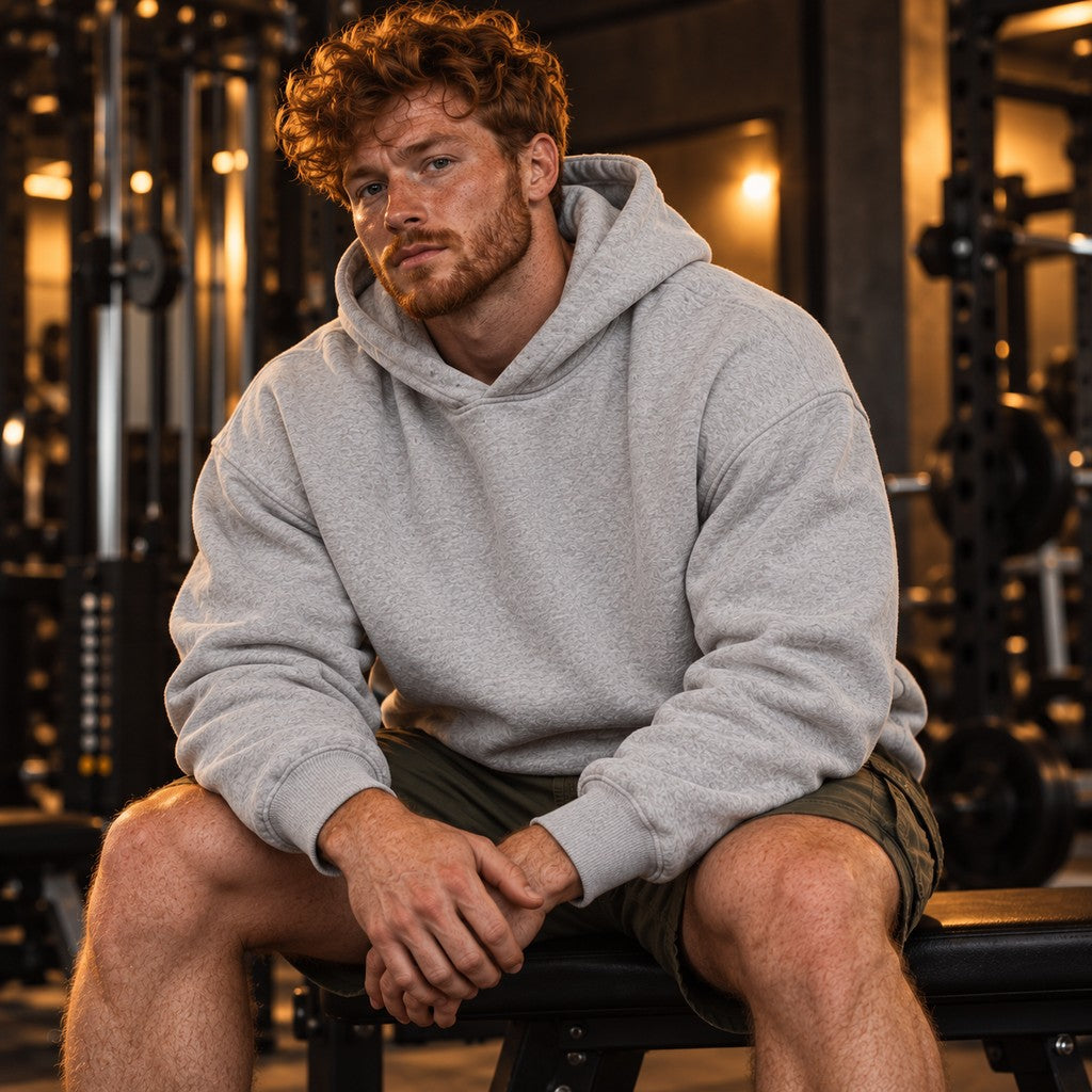 Still Hungry – Heavy Oversized Hoodie in Heather Grey, am Model, Vorderansicht | Heavy Mind