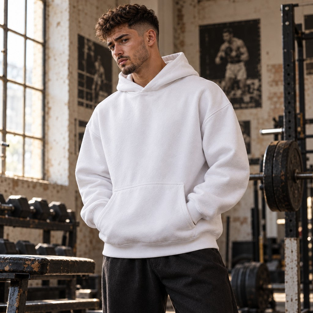 Strength Was Never Given – Heavy Oversized Hoodie in Weiß, am Model, Vorderansicht | Heavy Mind
