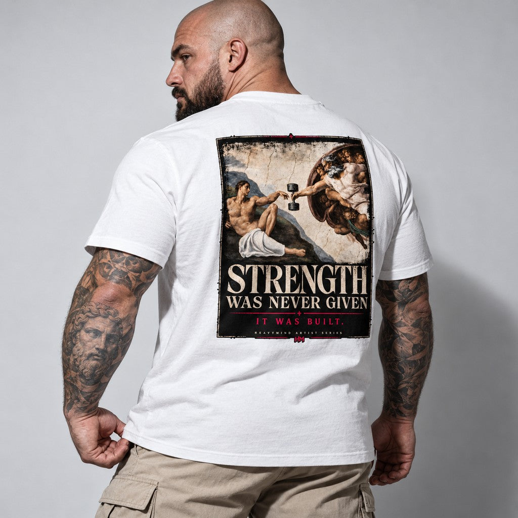 Strength Was Never Given – Heavy Shirt in Weiß, am Model, Rückansicht | Heavy Mind
