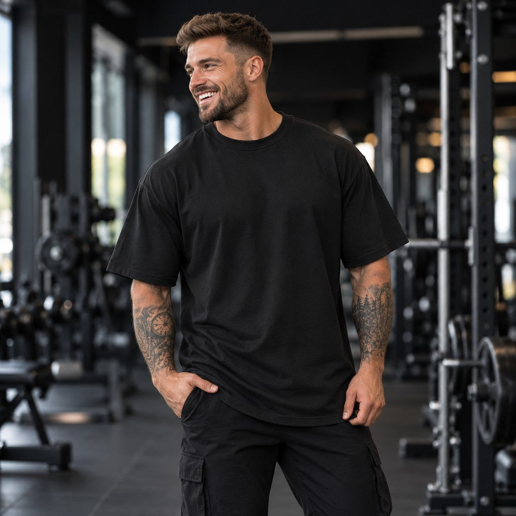 Strength Was Never Given – Oversized Tee in Schwarz, am Model, Vorderansicht | Heavy Mind