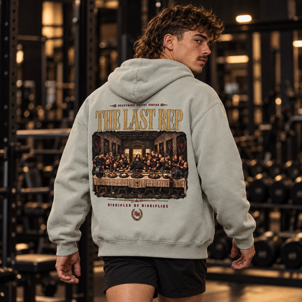 The Last Rep – Heavy Oversized Hoodie in Light Asphalt, am Model, Rückansicht | Heavy Mind
