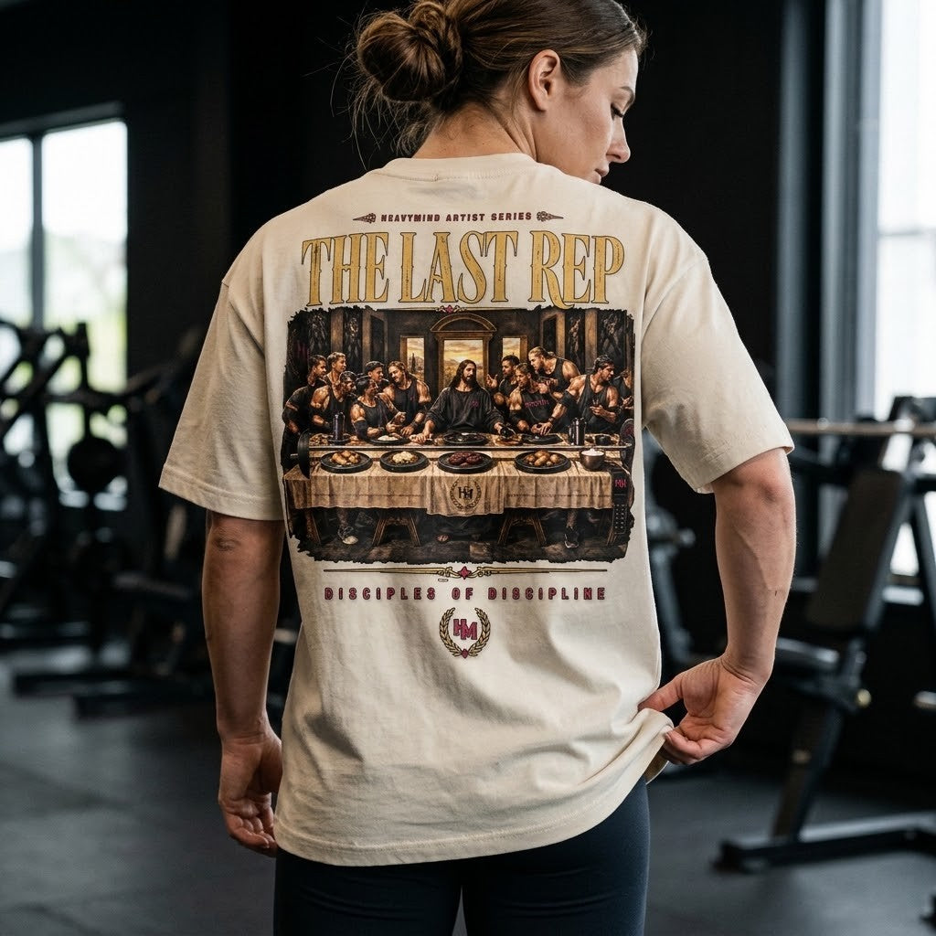 The Last Rep – Oversized Tee in Sand, am Model, Rückansicht | Heavy Mind