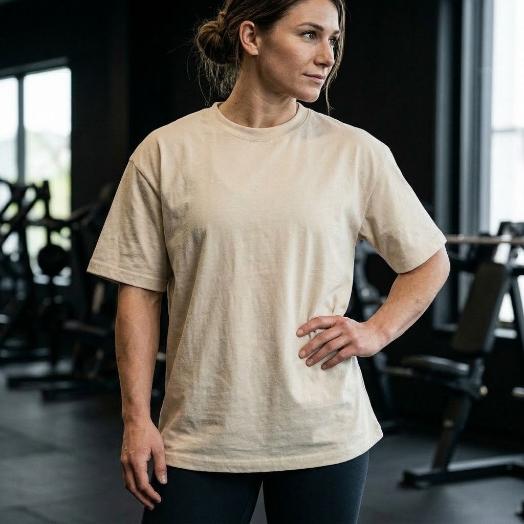 The Last Rep – Oversized Tee in Sand, am Model, Vorderansicht | Heavy Mind