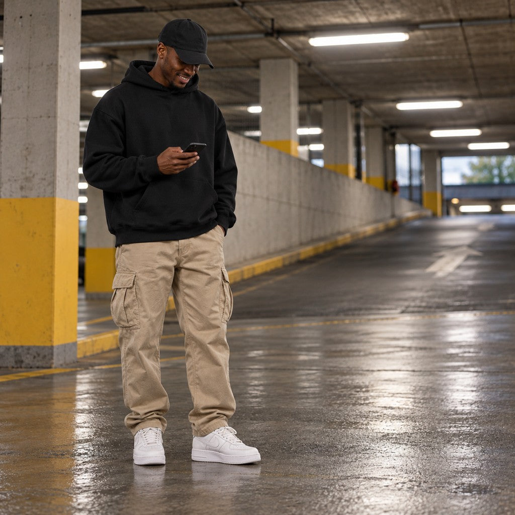 The Night Shift – Heavy Oversized Hoodie in Schwarz, am Model, Vorderansicht | Heavy Mind