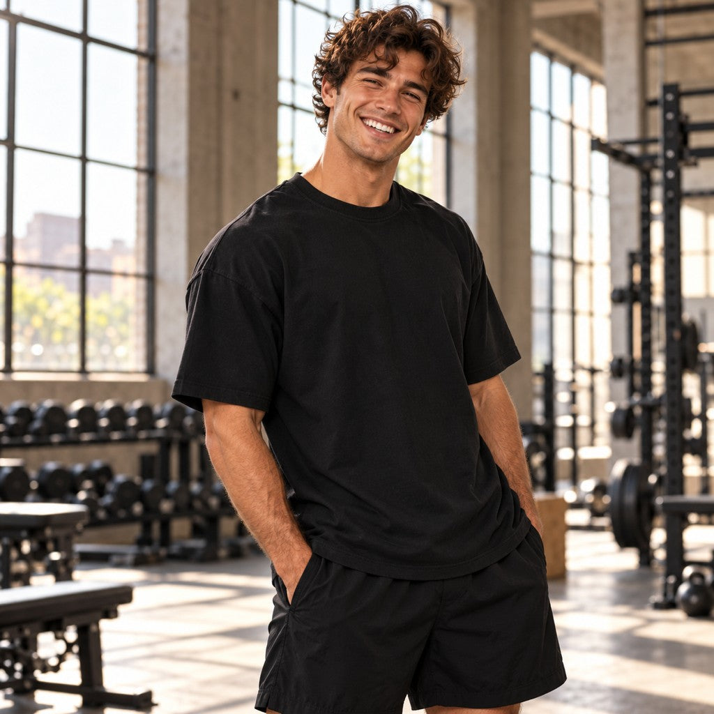 The V Moved North – Oversized Tee in Schwarz, am Model, Vorderansicht | Heavy Mind