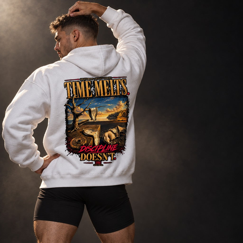 Time Melts, Discipline Doesn't – Heavy Oversized Hoodie in Weiß, am Model, Rückansicht | Heavy Mind