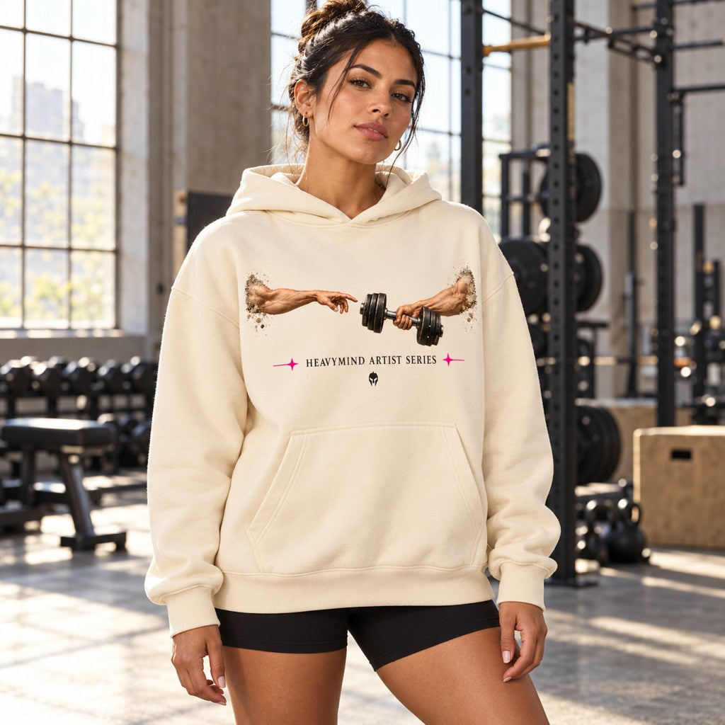 Touch from Gym – Heavy Oversized Hoodie in White Sand, am Model, Vorderansicht | Heavy Mind
