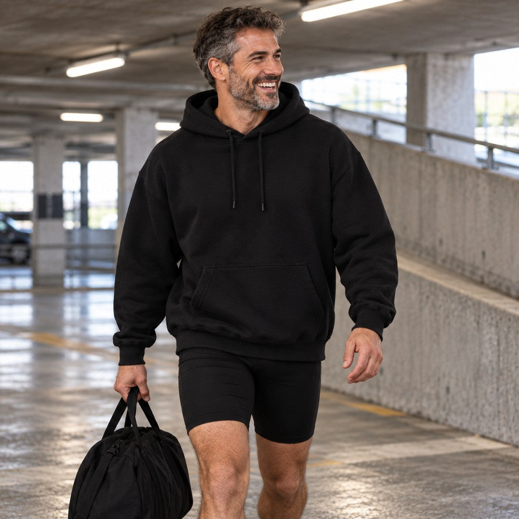 Wanna Be My Gym Bro? – Heavy Oversized Hoodie in Schwarz, am Model, Vorderansicht | Heavy Mind