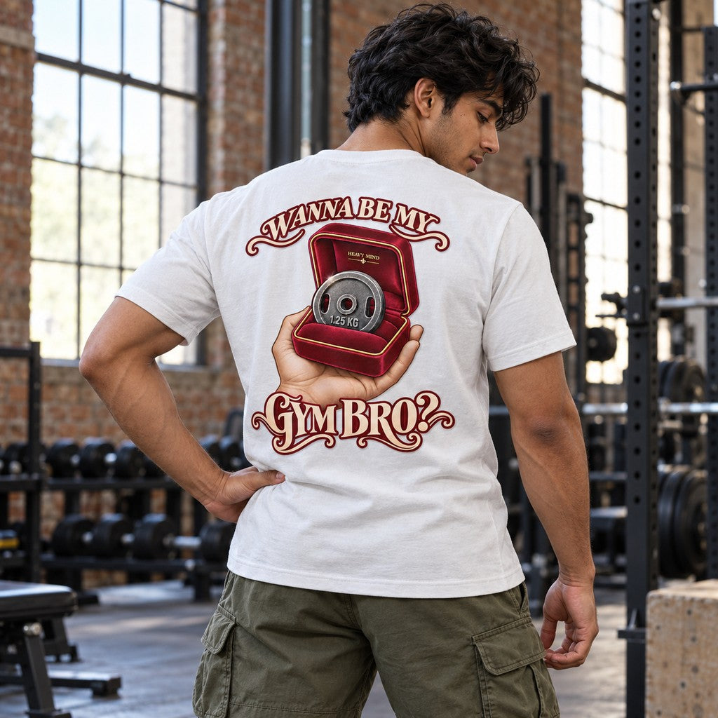 Wanna Be My Gym Bro? – Heavy Shirt in Weiß, am Model, Rückansicht | Heavy Mind